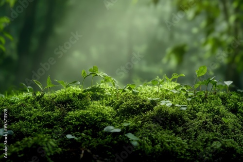 Green moss and background. Backdrop for displaying products. Dark forest background with generative ai