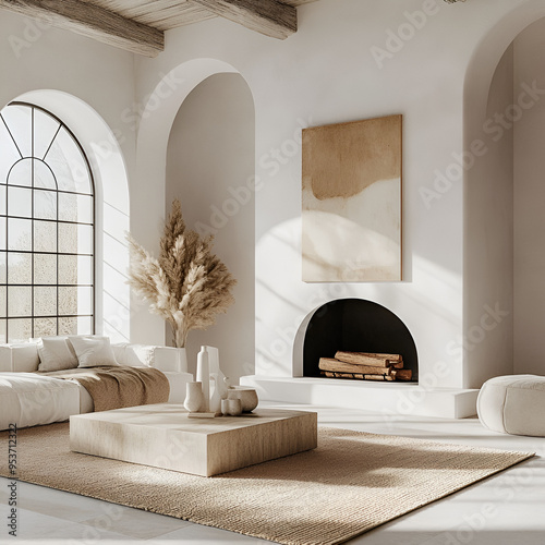 Sofa against fireplace in room with arch window and ceiling. Mediterranean interior design of modern living room, Ai