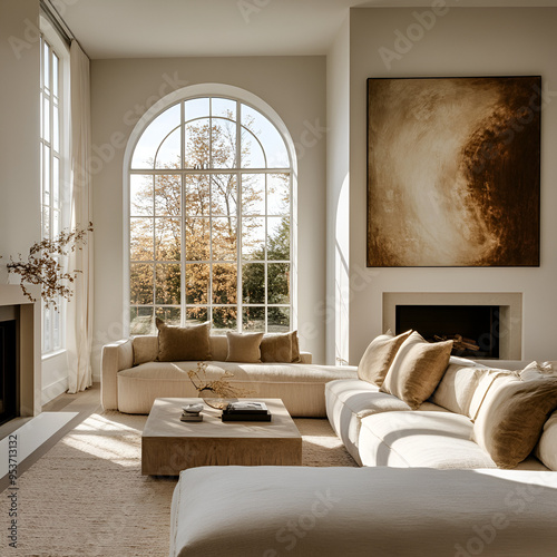 Sofa against fireplace in room with arch window and ceiling. Mediterranean interior design of modern living room, Ai