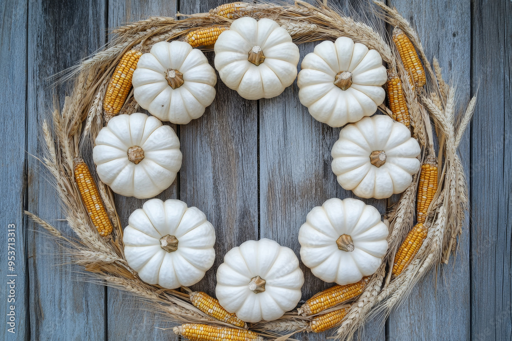 An artistic arrangement of mini white pumpkins in a circle, surrounded by golden wheat stalks and dried corn cobs, set on a vintage wooden surface An artistic arrangement of mini white pumpkins in a circle, surrounded by golden wheat stalks and dried corn cobs, set on a vintage wooden surface