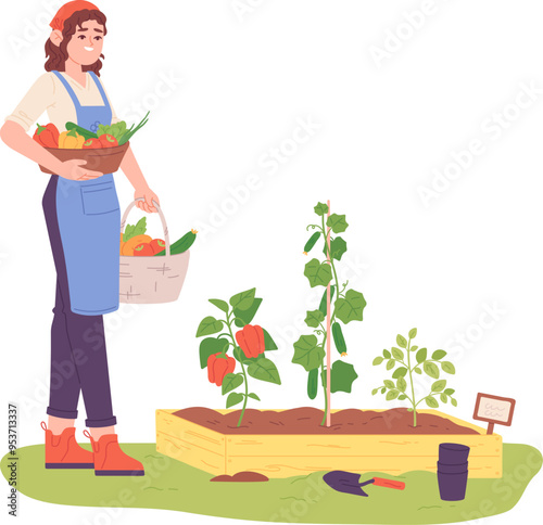 Woman picking fresh vegetables from wooden box garden