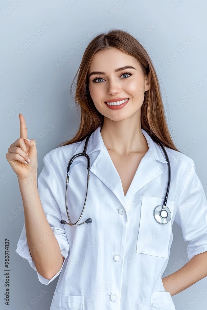 Smiling female doctor wearing a white coat with stethoscope, pointing up with her index finger. Smiling female doctor wearing a white coat with stethoscope, pointing up with her index finger.
