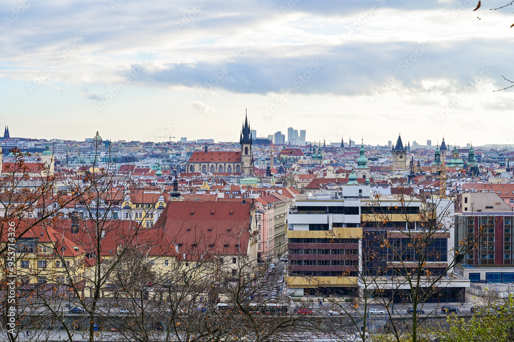 Obraz premium Panoramic view over the city of Prague from the Prague Metronome viewpoint with a panoramic view over the entire city and the Vltava River, Prague Czech Republic