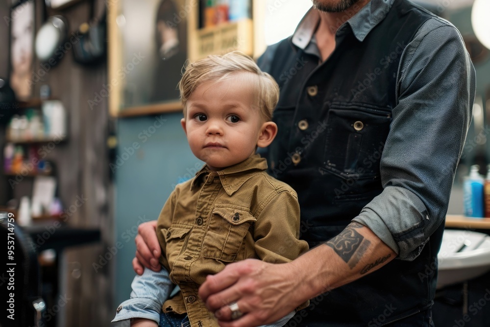 Stylish little boy and his father in a barber shop Stylish little boy and his father in a barber shop