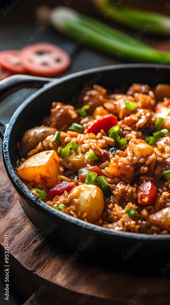 A large pot of sautéed potatoes, chicken pieces, and vegetables with red pepper cubes and green onion slices on top A large pot of sautéed potatoes, chicken pieces, and vegetables with red pepper cubes and green onion slices on top