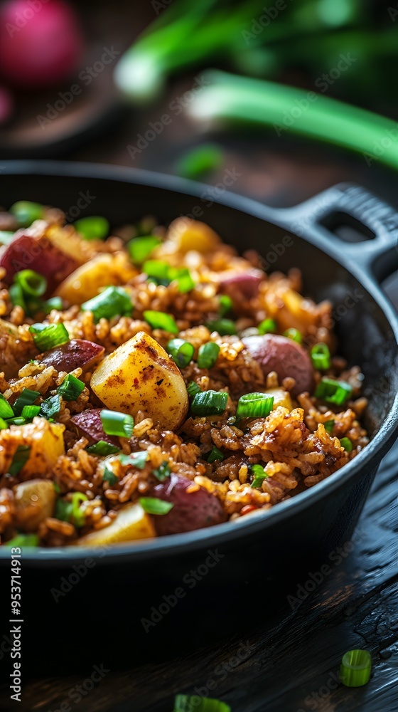 A large pot of sautéed potatoes, chicken pieces, and vegetables with red pepper cubes and green onion slices on top