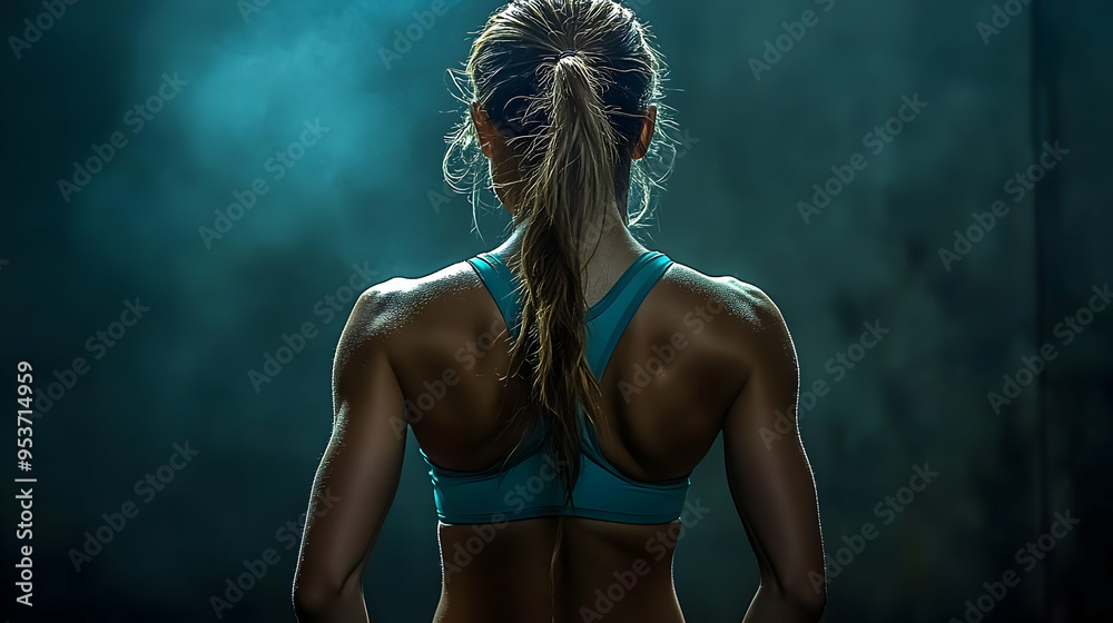 Obraz premium A woman with long hair tied back and wearing a blue sports bra, turns her back to the camera. She has toned muscles and is in a smoky setting.