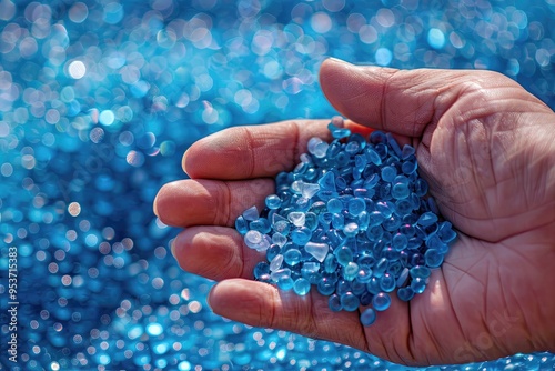 A hand hold or touching plastic pellets   plastic polymer dye granules color clear blue