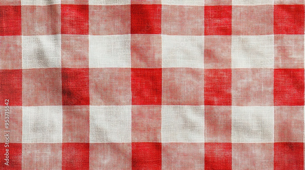 Red and white checkered tablecloth. Top view table cloth texture background. 