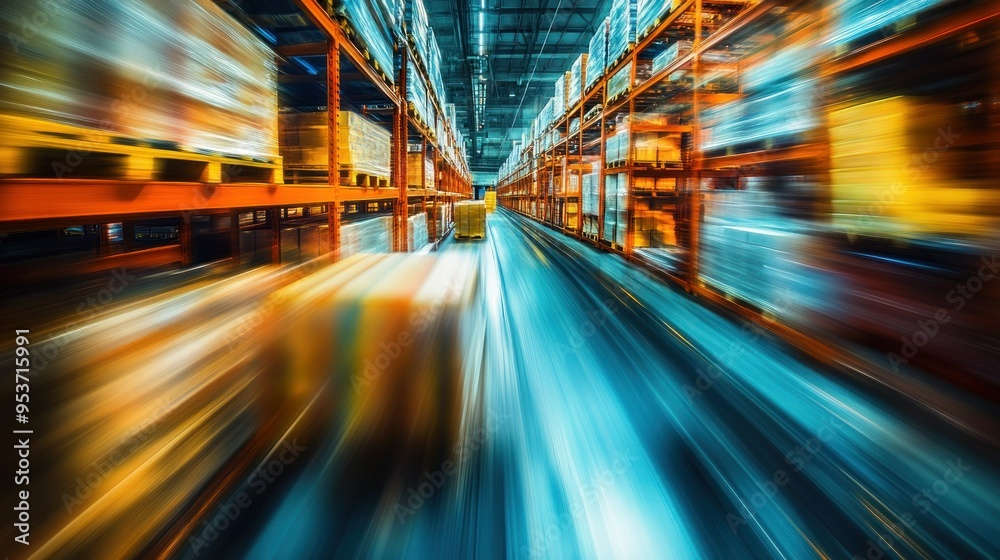 Abstract Blurred Motion of Warehouse with Shelves and Forklift Abstract Blurred Motion of Warehouse with Shelves and Forklift