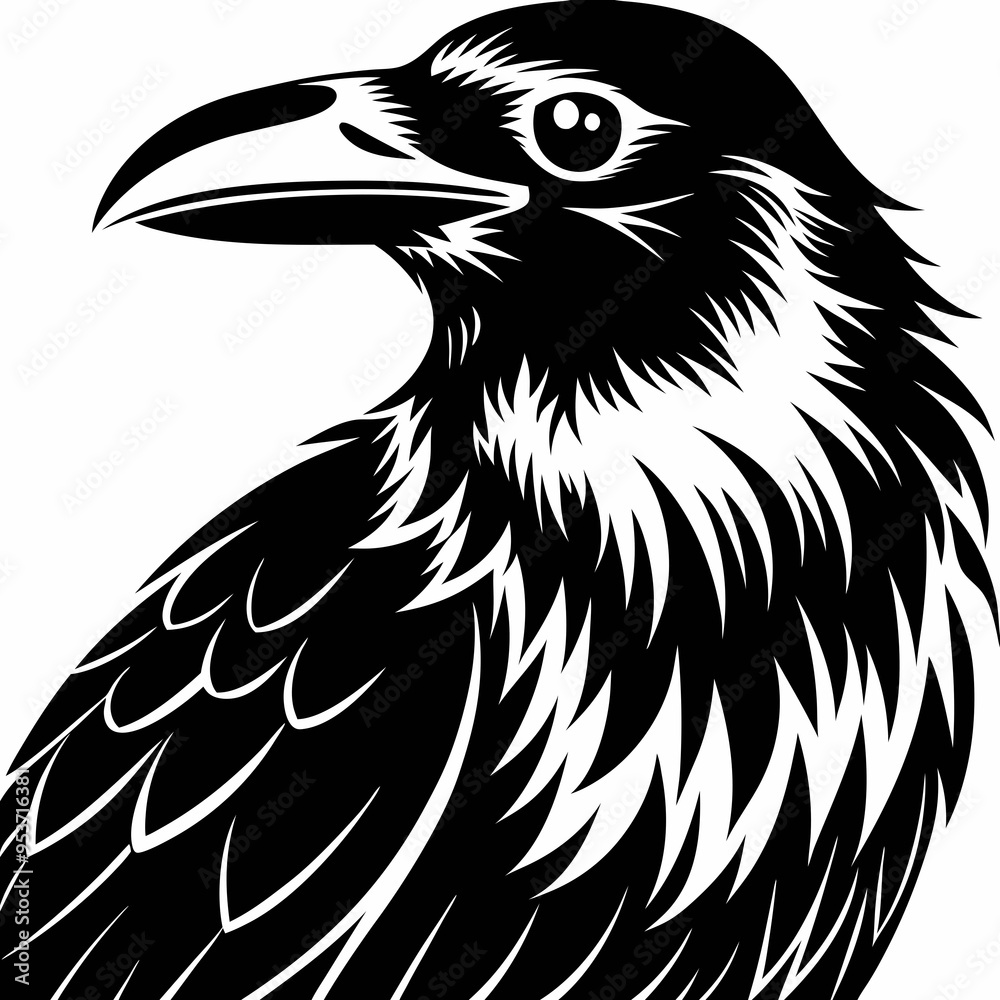 Obraz premium Raven in Profile, Black and White Vector Art