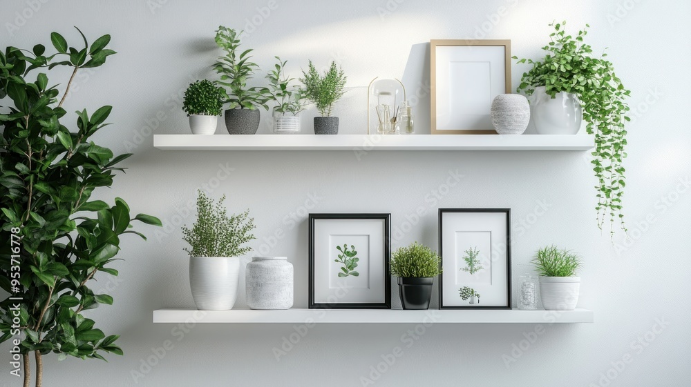 Fototapeta premium Floating Shelves on White Wall Adorned with Picture Frames, Potted Plants, and Decorative Vases for a Chic Display