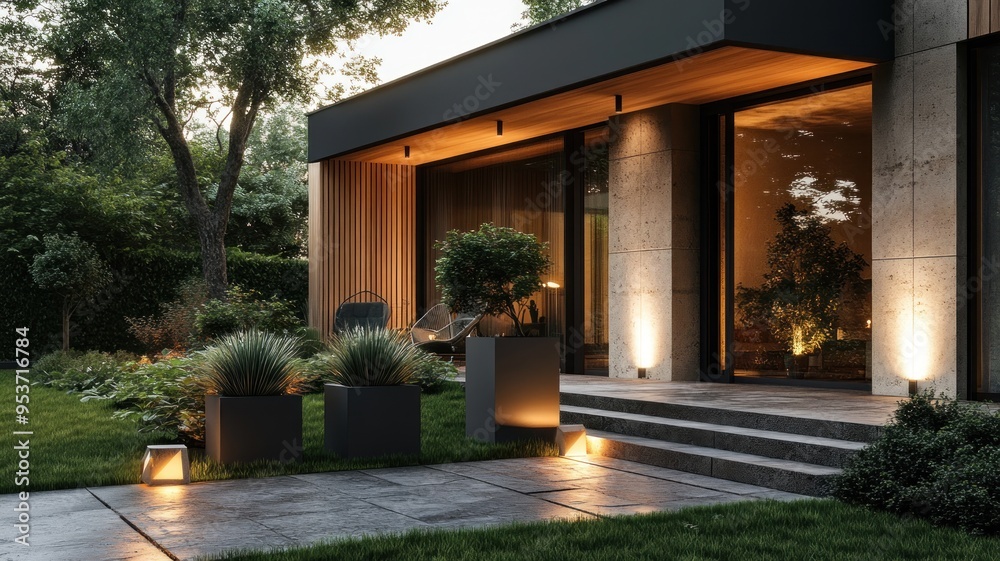 Fototapeta premium Modern Cubic Villa with Wooden Facade and Geometric Planters