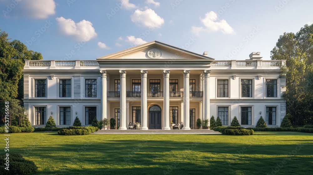Fototapeta premium Newly Built Colonial-Style Mansion with Grand White Facade, Towering Columns, and Expansive Green Lawn
