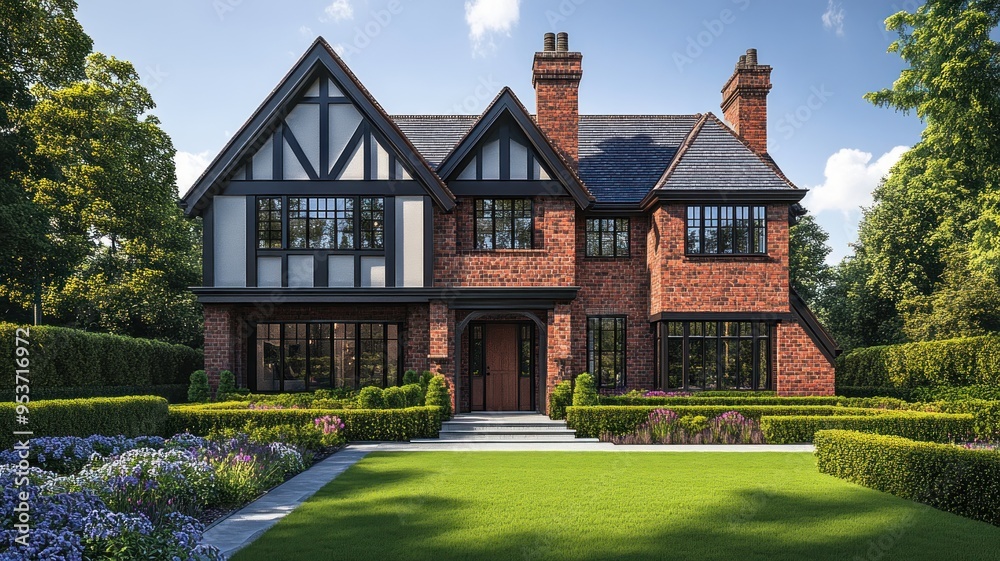 Luxurious Tudor-Style House with Brick and Timber Facade, Steep Roofs, and Green Lawn Luxurious Tudor-Style House with Brick and Timber Facade, Steep Roofs, and Green Lawn