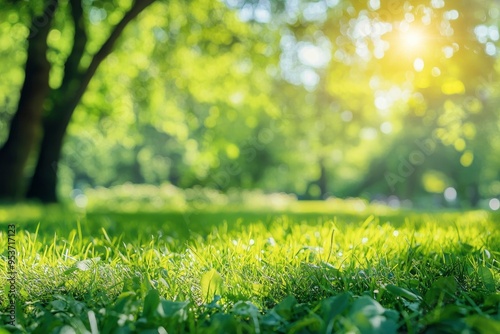 City lawn view. Green nature in spring eco garden. Summer abstract blur background. Urban trees leaves Light blurry out focus bokeh. Soft plant. with generative ai