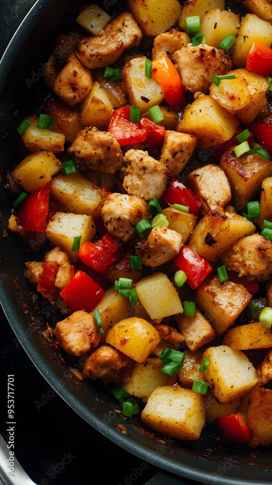 A large pot of sautéed potatoes, chicken pieces, and vegetables with red pepper cubes and green onion slices on top