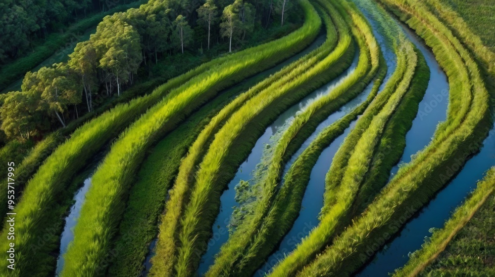 Irrigation canals flowing through green farmland creating a beautiful pattern Irrigation canals flowing through green farmland creating a beautiful pattern