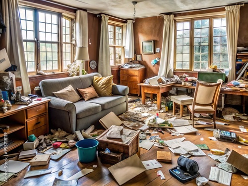 A cluttered room overflowing with discarded items, trashed furniture, and torn papers, conveying a sense of chaos and photo