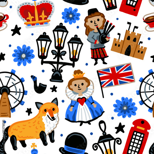 Bright cheerful children seamless vector pattern with symbols of the Great Britain. London. Union Jack, queen, flag, Red telephone booth. United Kingdom landmarks. Childish travel background