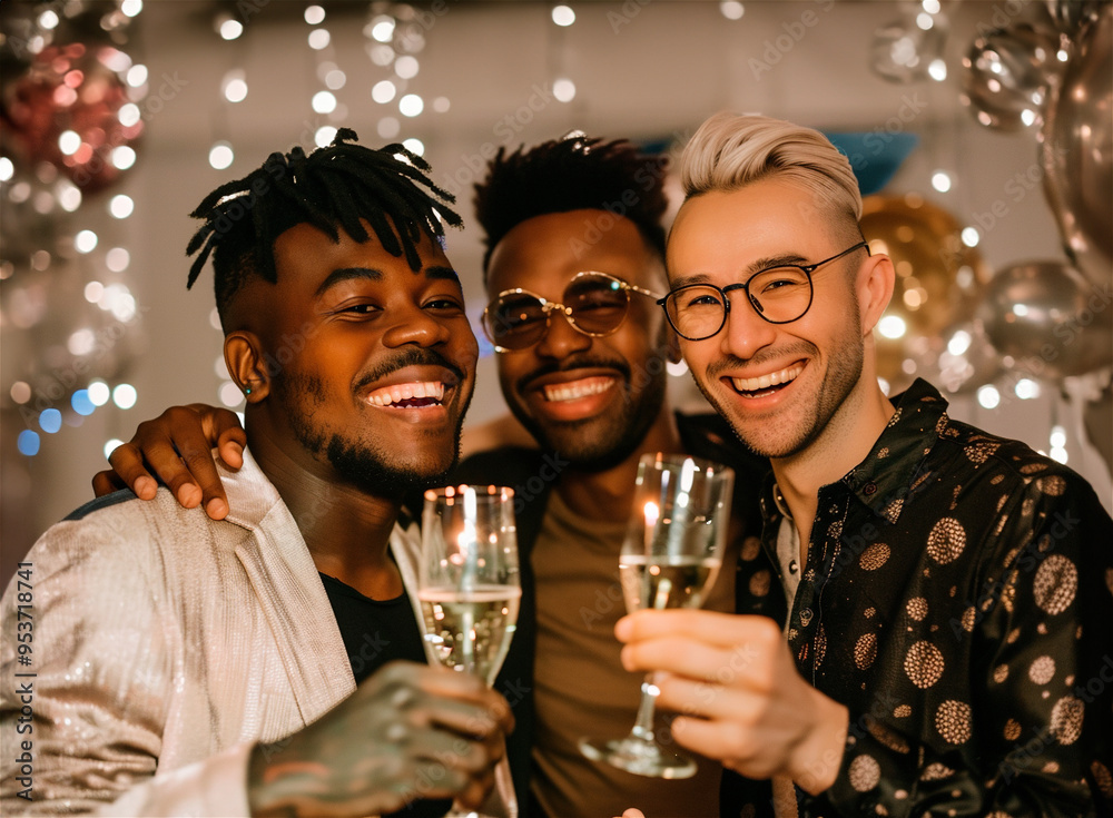 AI generated photo with a gathering of multi ethnic young guy friends. On a background with lights and festive decorations AI generated photo with a gathering of multi ethnic young guy friends. On a background with lights and festive decorations