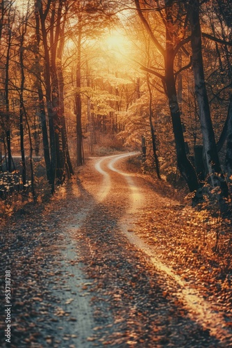 Sunset in autumn woods, path leading to the light.