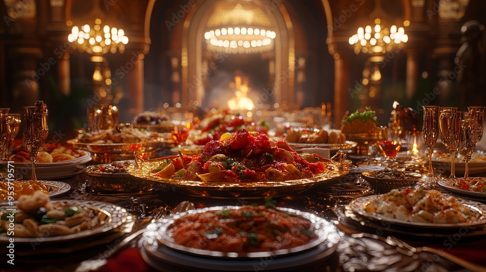 A table set with golden plates, glasses, and silverware in a grand hall, with food such as vegetables, bread, and seafood, is ready for a grand celebration. A table set with golden plates, glasses, and silverware in a grand hall, with food such as vegetables, bread, and seafood, is ready for a grand celebration.