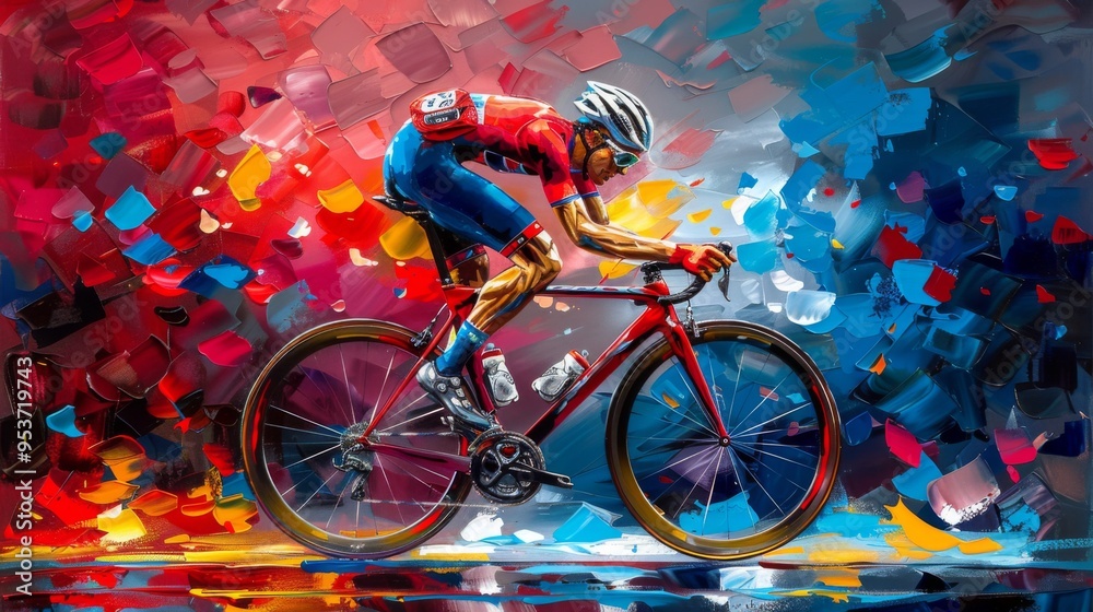 Fototapeta premium Design a scene of a cyclist sprinting towards the finish line in a road cycling race.