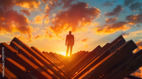 Silhouette of a Man Standing on a Path to Success at Sunset
