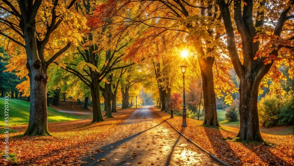Fototapeta premium Golden autumn park pathway with fallen leaves and sunlight