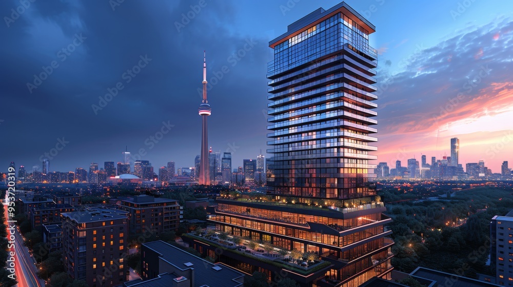 Obraz premium Design a sophisticated high-rise condo with panoramic views of Torontos skyline, including the iconic CN Tower and bustling streets bustling