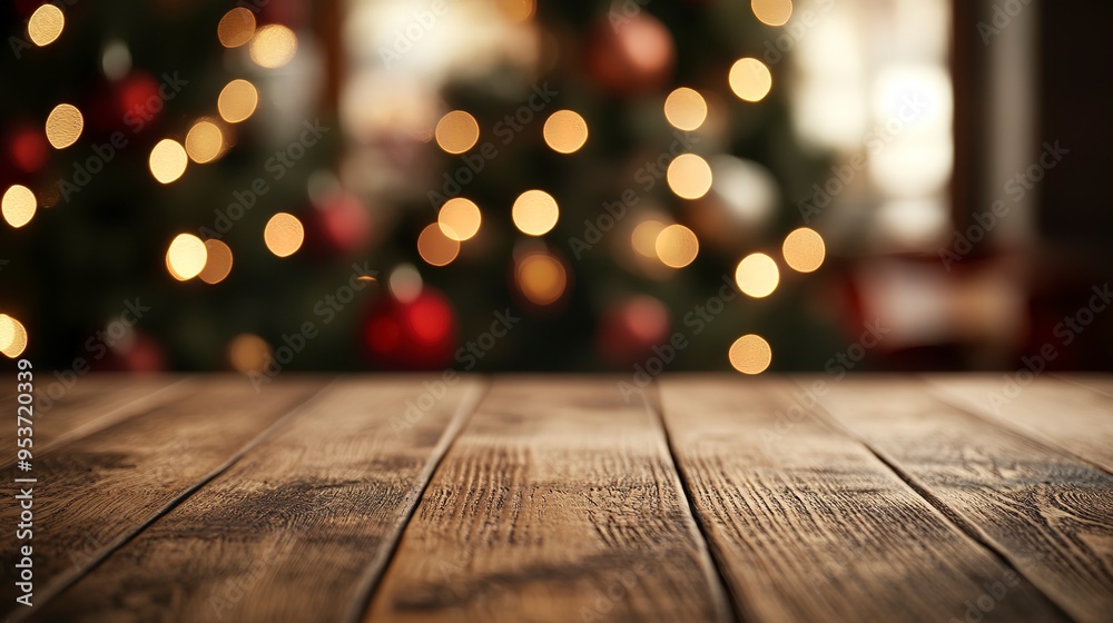 Empty wooden table with christmas theme in background Empty wooden table with christmas theme in background
