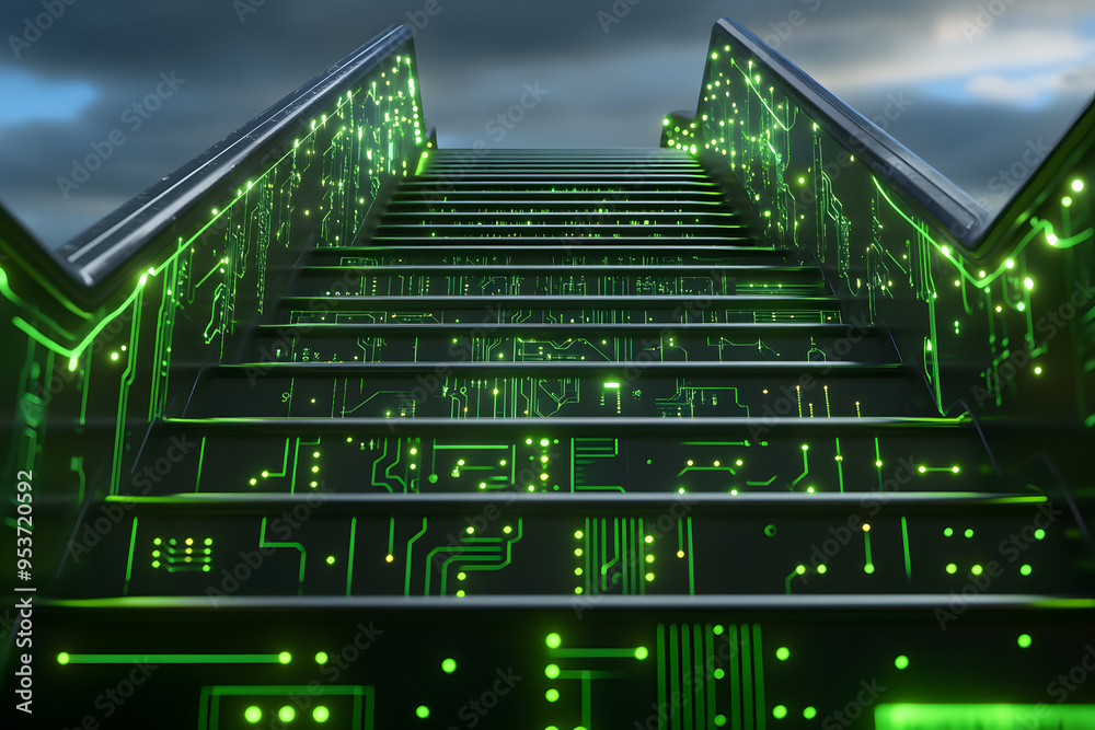 Obraz premium A stairway leading up to the top of an ancient alien building, made from black and green circuit board materials, glowing with energy, with vibrant lighting 