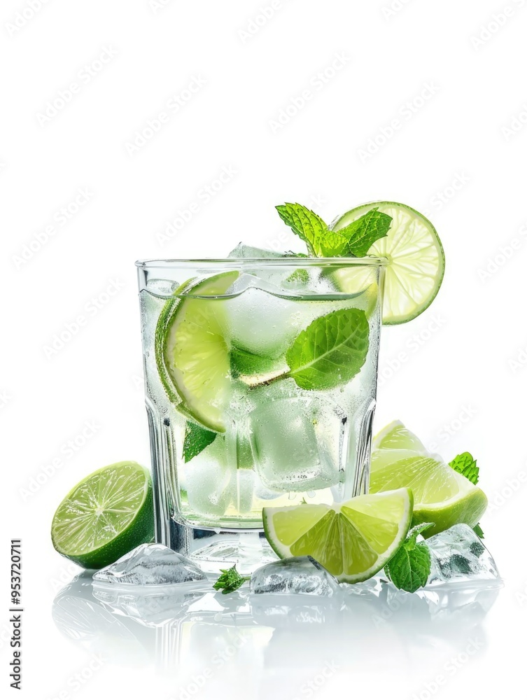A tall glass of effervescent water with lime slices and mint leaves garnish. A tall glass of effervescent water with lime slices and mint leaves garnish.