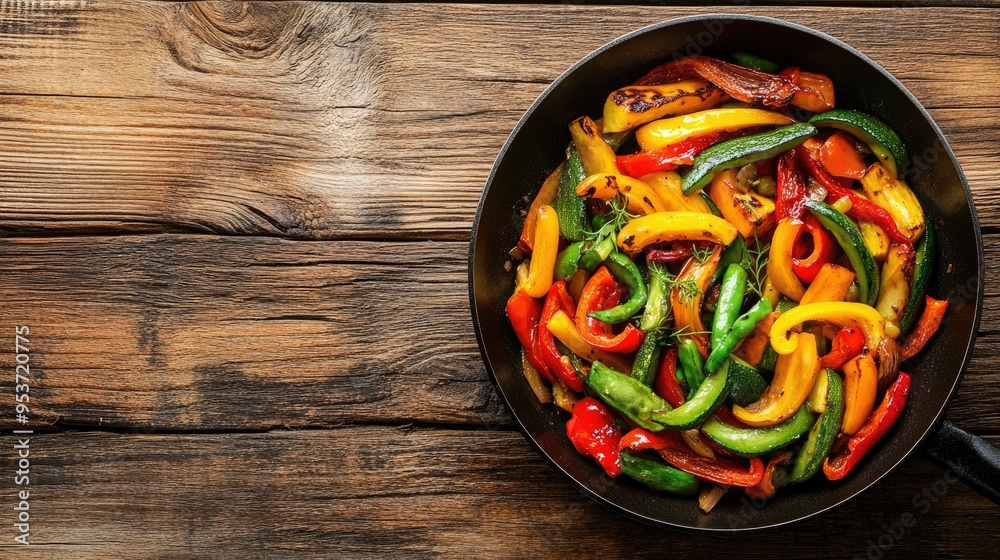 A colorful vegetable stir-fry in a skillet, set on a plain wooden table with copy space. A colorful vegetable stir-fry in a skillet, set on a plain wooden table with copy space.