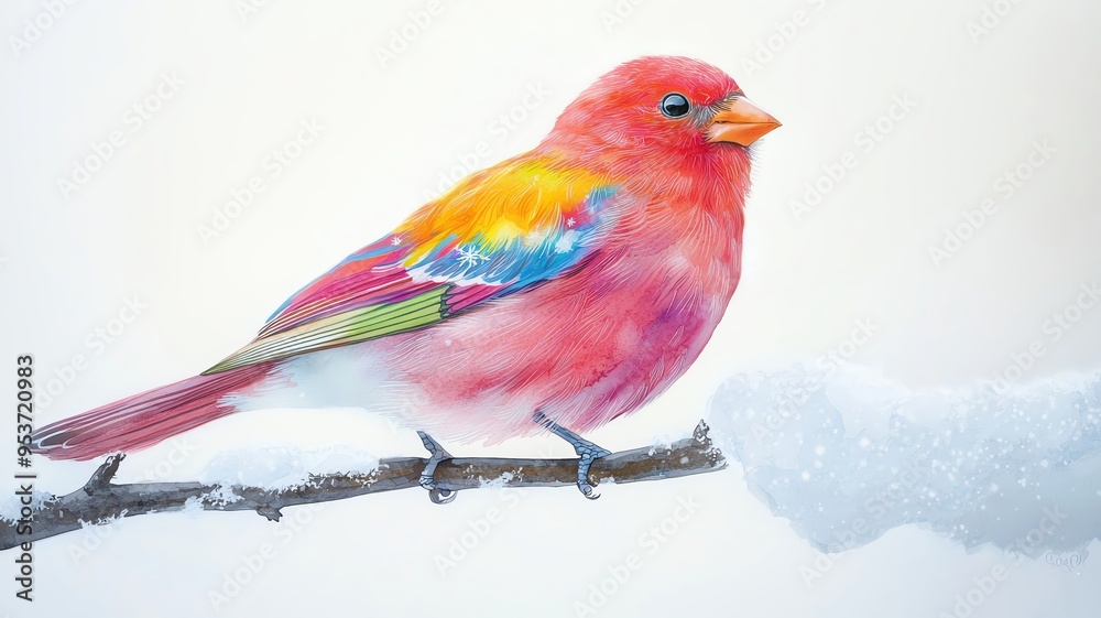 Christmas bird with vibrant festive feathers, perched on a snowy branch, watercolor style Christmas bird with vibrant festive feathers, perched on a snowy branch, watercolor style