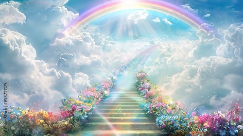 a grand rainbow bridge leading to a staircase ascending into the sky