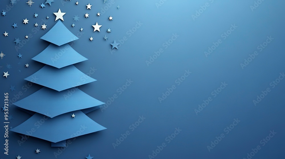 minimalistic, elegant Christmas background, cut-out chirstmas tree on blue background with stars minimalistic, elegant Christmas background, cut-out chirstmas tree on blue background with stars