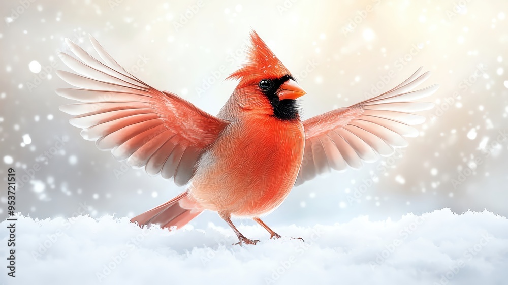 Obraz premium Cardinal spreading festive wings, surrounded by falling snow, Christmas morning, watercolor style