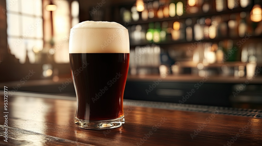 A frothy pint of traditional Irish stout beer on a wooden bar counter, with a cozy pub in the background. A frothy pint of traditional Irish stout beer on a wooden bar counter, with a cozy pub in the background.