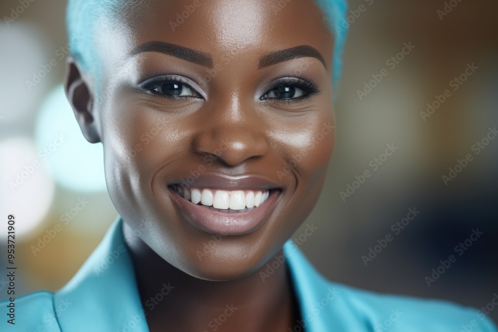A cheerful young woman with teal hair, confidently smiling at the camera. She is wearing a professional, vibrant turquoise blazer and has on makeup that accentuates her eyes and enhances her smile. A cheerful young woman with teal hair, confidently smiling at the camera. She is wearing a professional, vibrant turquoise blazer and has on makeup that accentuates her eyes and enhances her smile.
