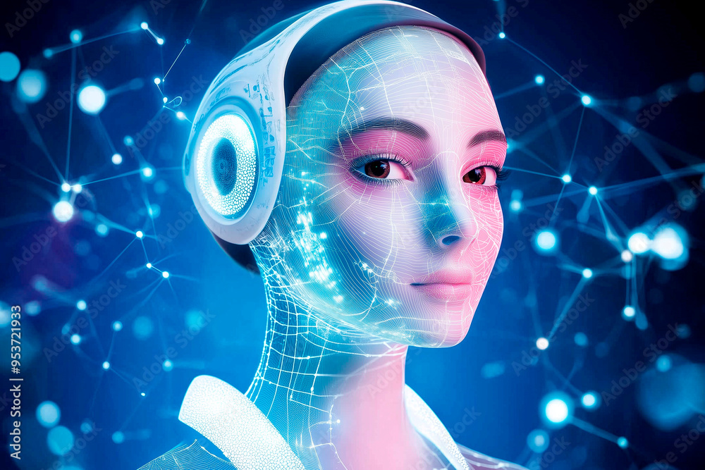 Futuristic AI Face with Data Stream and Binary Code Futuristic AI Face with Data Stream and Binary Code