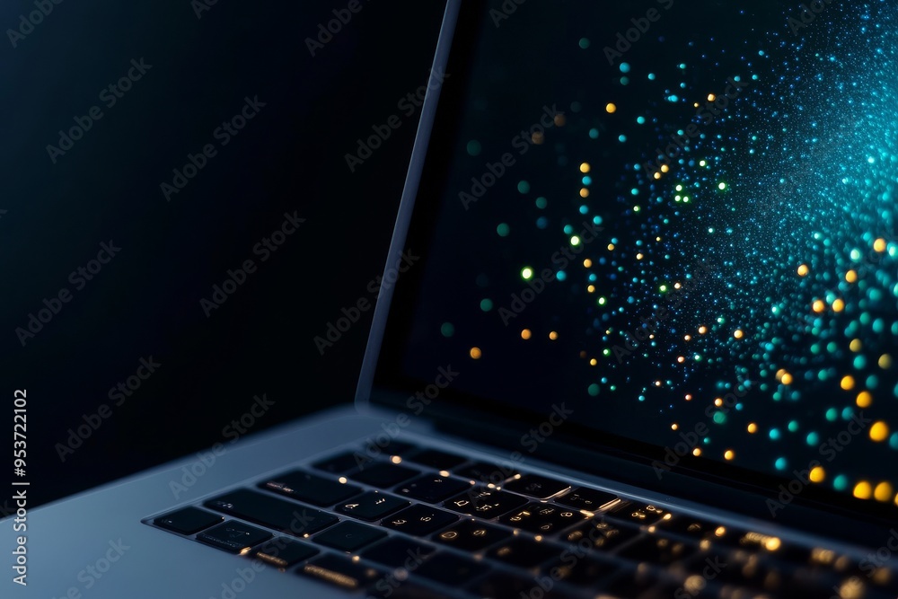 Close-up of a laptop screen with vibrant light particles, showcasing modern digital technology and creativity.