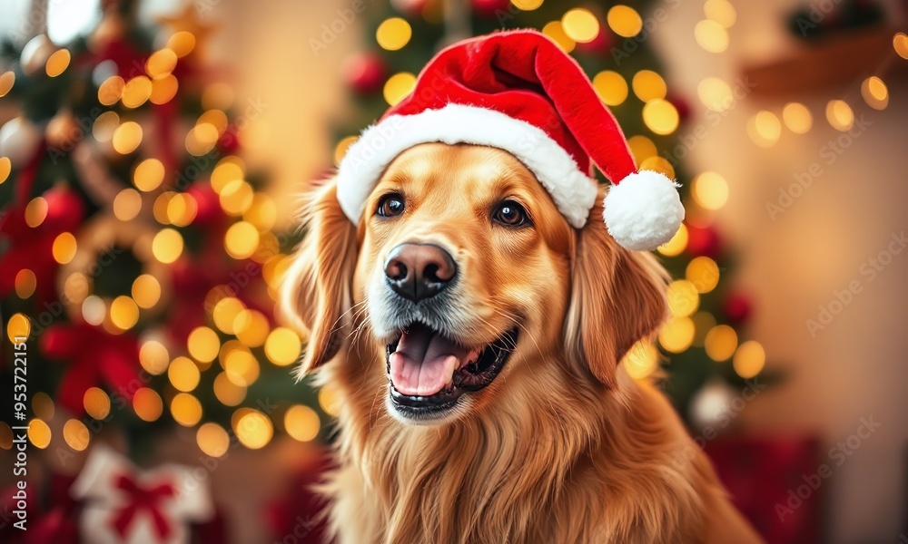 Golden retriever wearing a Santa hat Christmas decorations Golden retriever wearing a Santa hat Christmas decorations