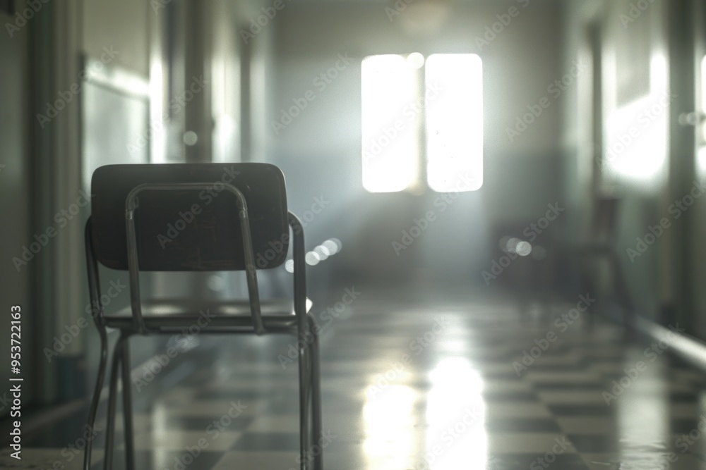 An empty classroom hallway, bathed in morning light. An empty classroom hallway, bathed in morning light.