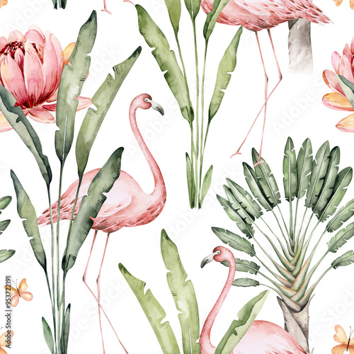 Photography Wild animals watercolor seamless pattern with giraffe and elephant, monkey with cockatoo, parrot savannah with palm trees