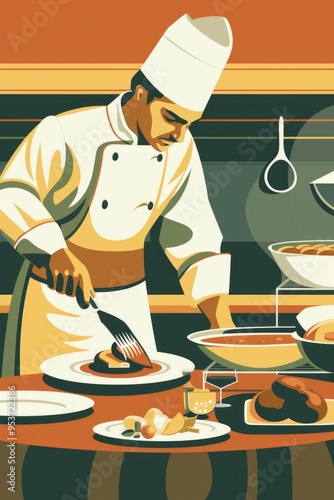 The image depicts a chef in a professional kitchen setting, meticulously preparing food for diners. He is wearing professional attire and is focused on his task