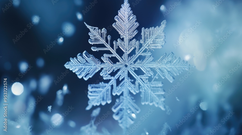 Crystal snowflakes illuminated by starlight against a blue-tinted night sky background Crystal snowflakes illuminated by starlight against a blue-tinted night sky background