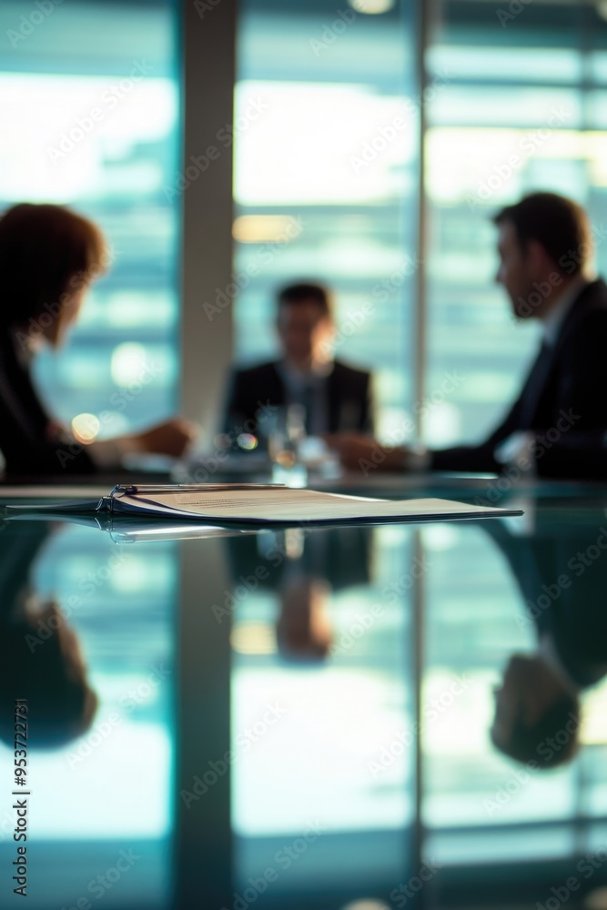 Conference table with four professionals discussing business strategy. Conference table with four professionals discussing business strategy.