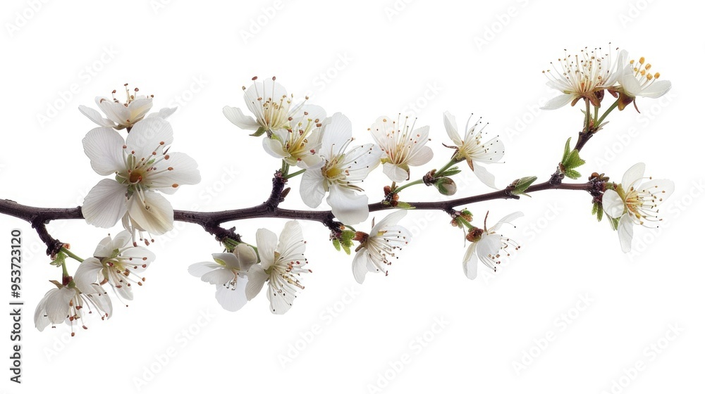 A delicate branch of white blossoms and foliage, set against a plain background. A delicate branch of white blossoms and foliage, set against a plain background.